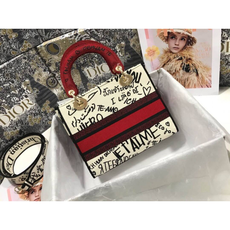 Dior Medium Lady D-Lite Dioramour Bag Latte Multicolor Dioramour Graffiti Embroidery M0565 Easybags262062